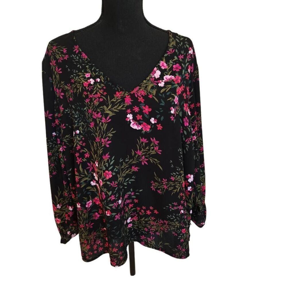 CeCe Womens Floral Tie 3/4 Sleeves V Neck Blouse Black Pink Size 2X Plus